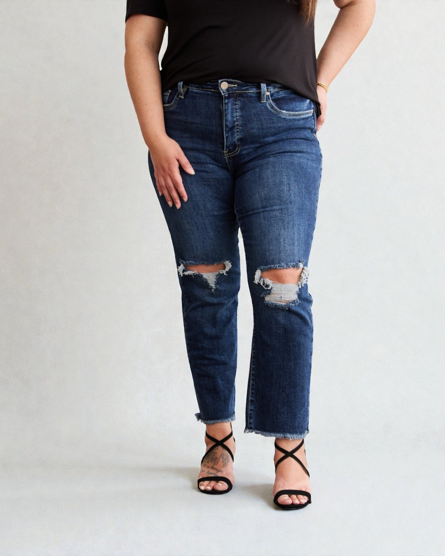 Dark Wash Distressed Straight Jeans