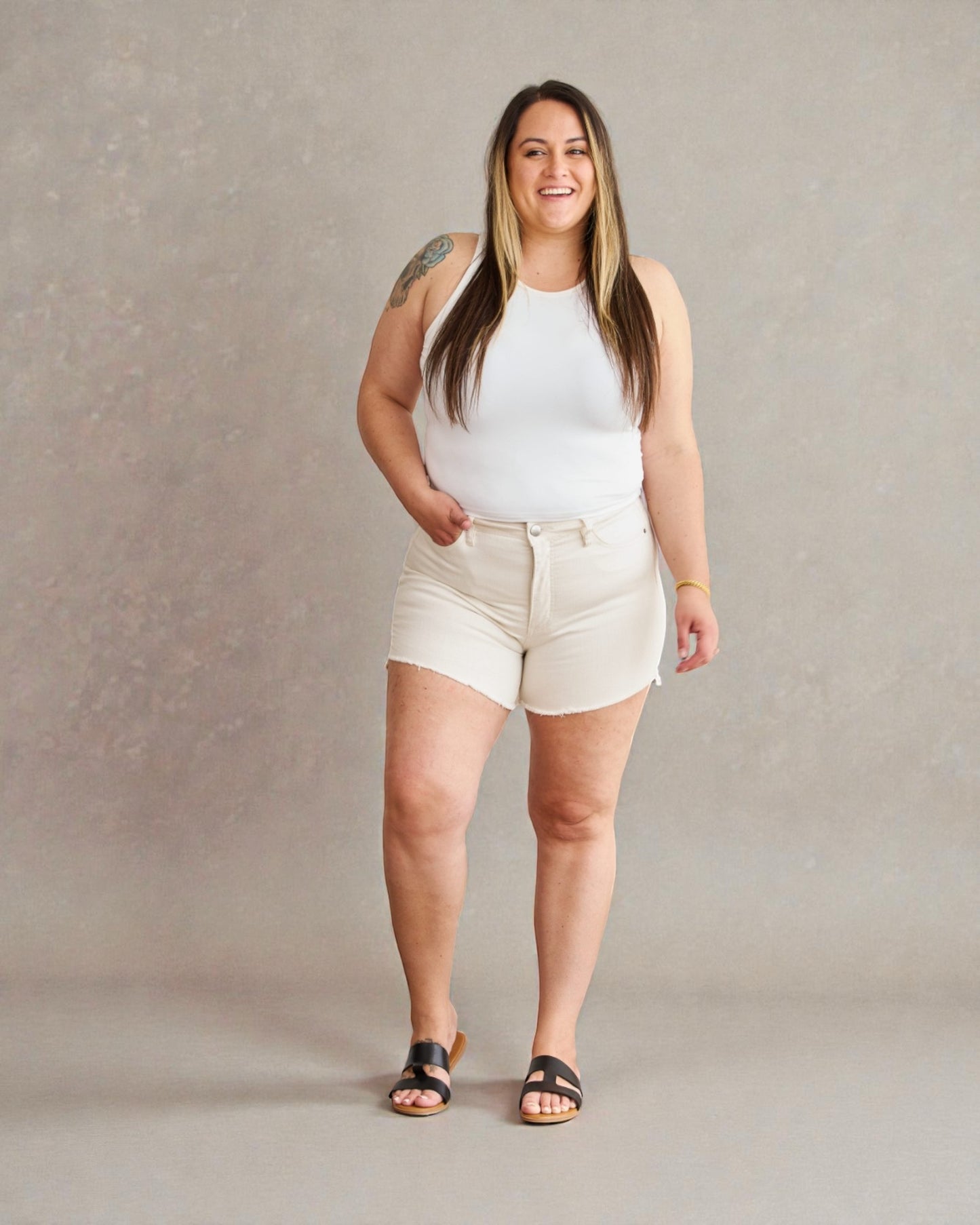 Ivory High Rise Denim Shorts