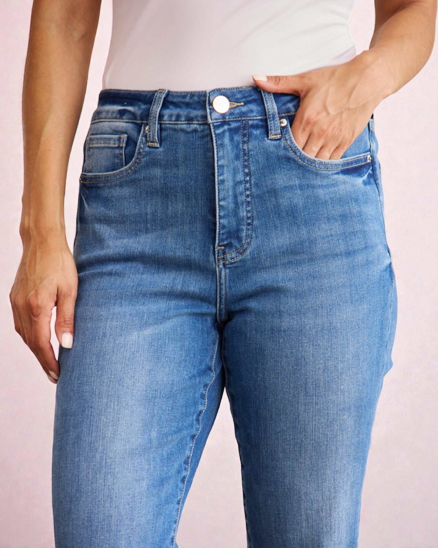 Medium Wash High Rise Cropped Flare Jeans