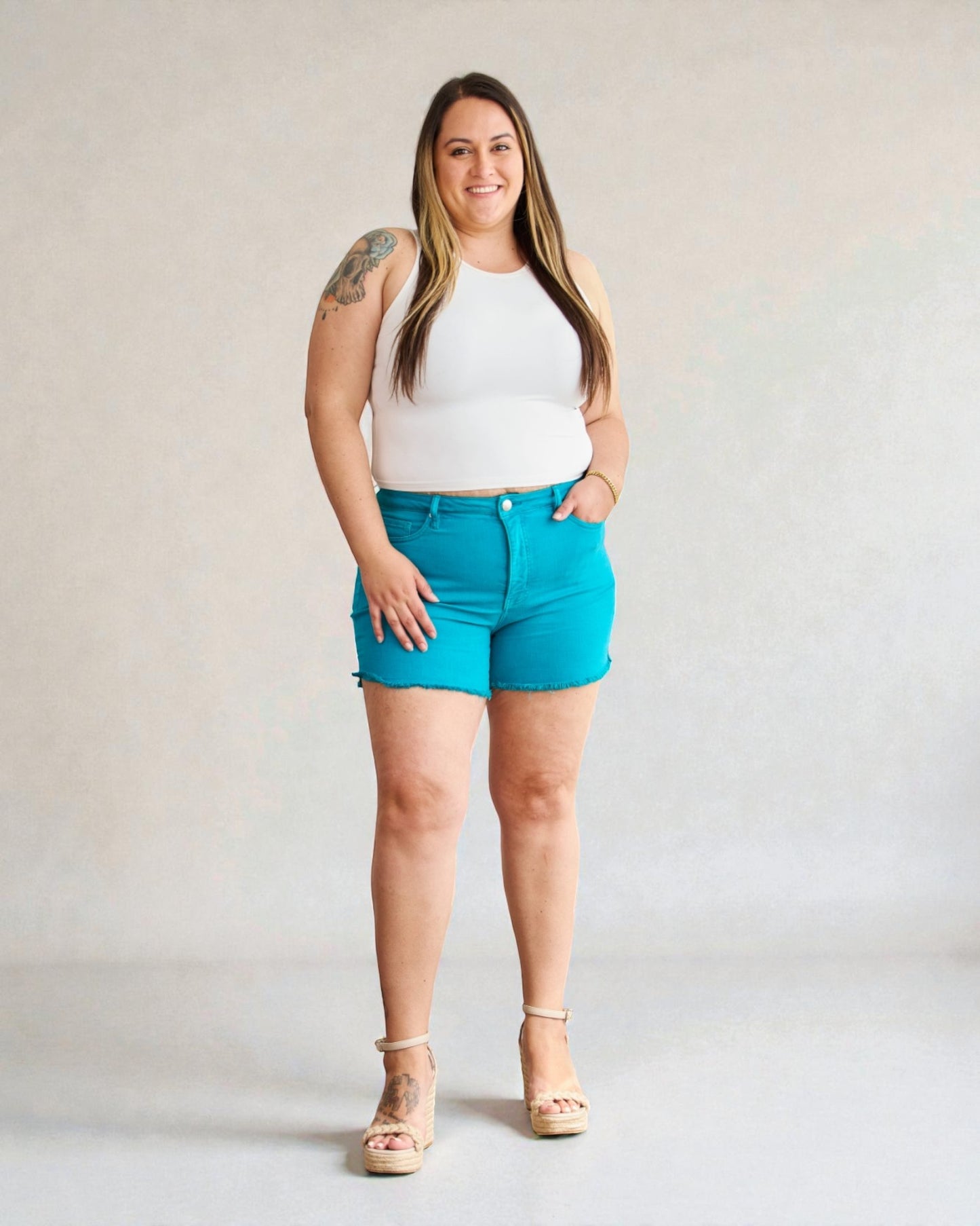Turquoise High Rise Denim Shorts