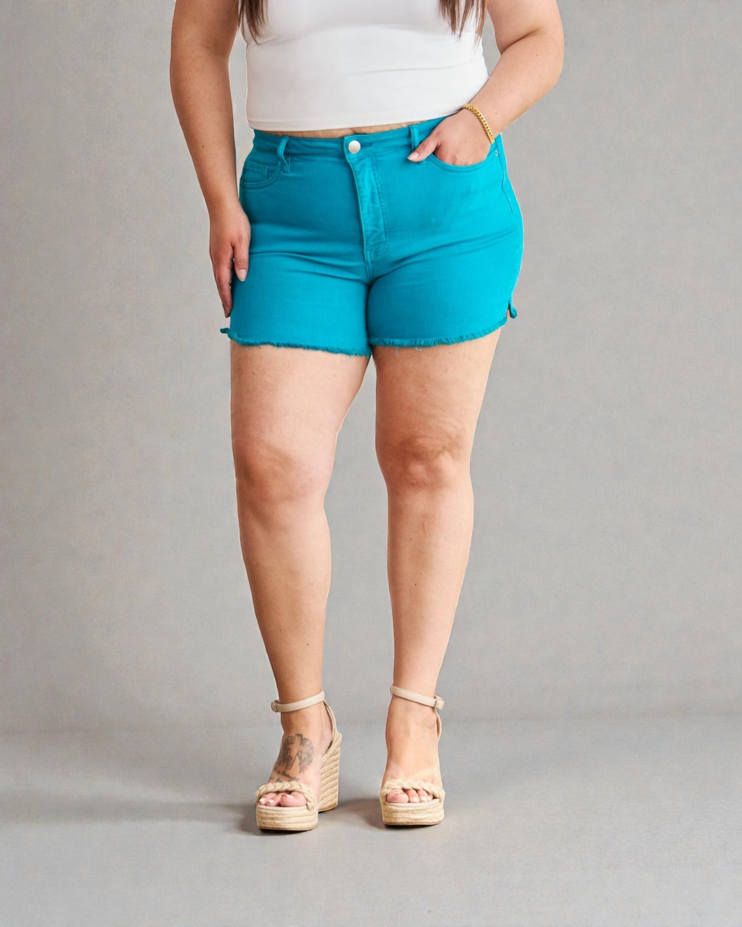 Turquoise High Rise Denim Shorts