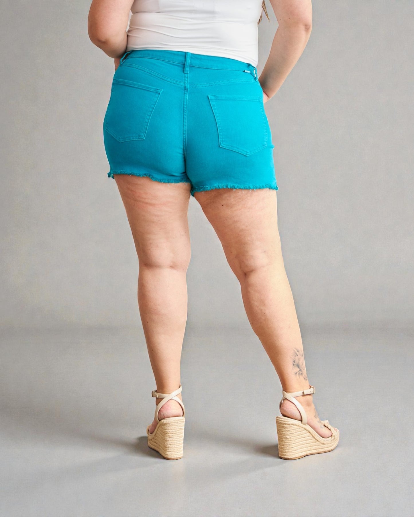 Turquoise High Rise Denim Shorts