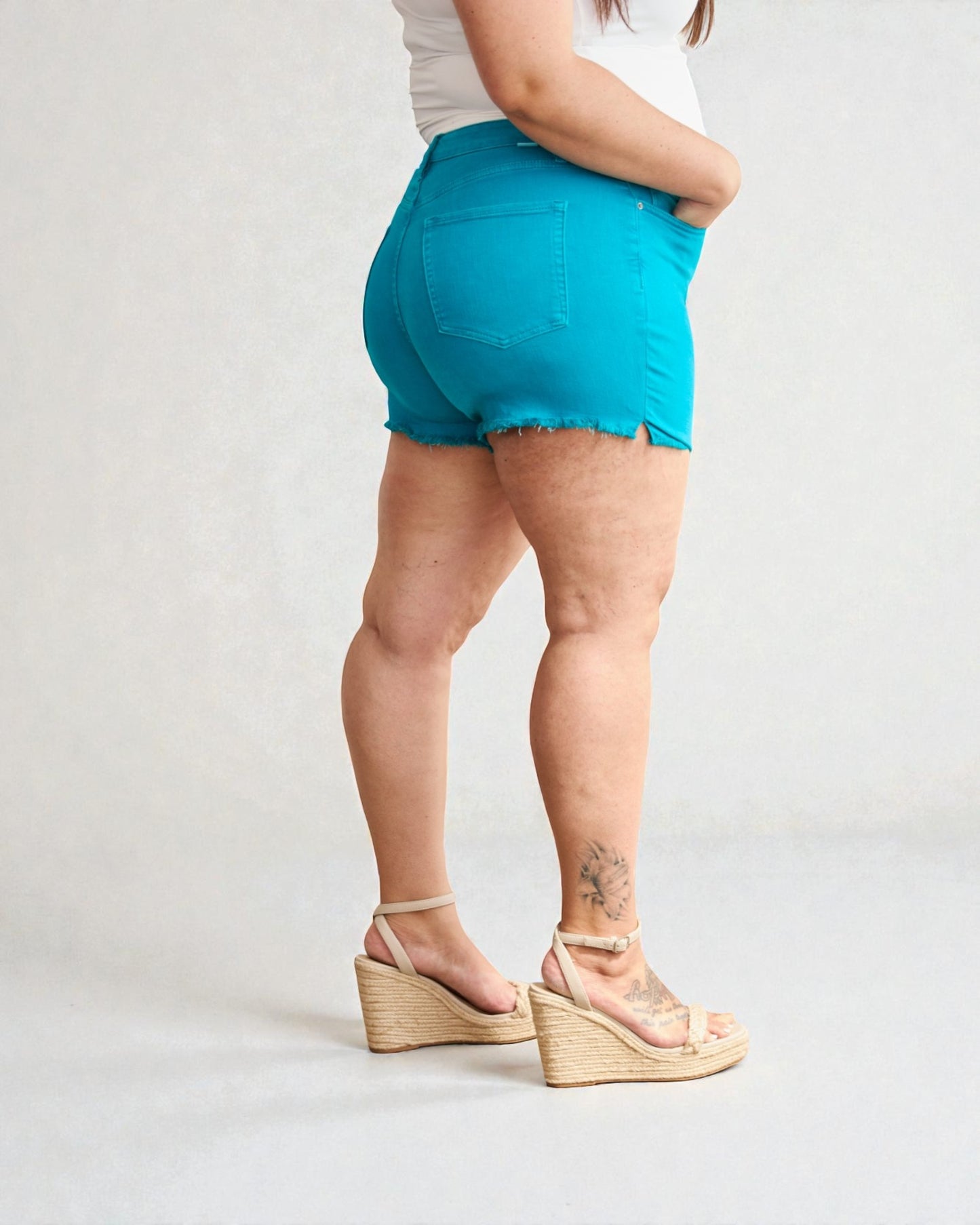 Turquoise High Rise Denim Shorts