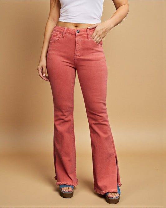 Coral Clay Raw Hem Flare Jeans