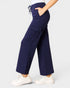Navy blue wide-leg pants worn by a person on a white background