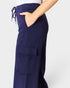 Navy blue cargo pants with a drawstring on a white background