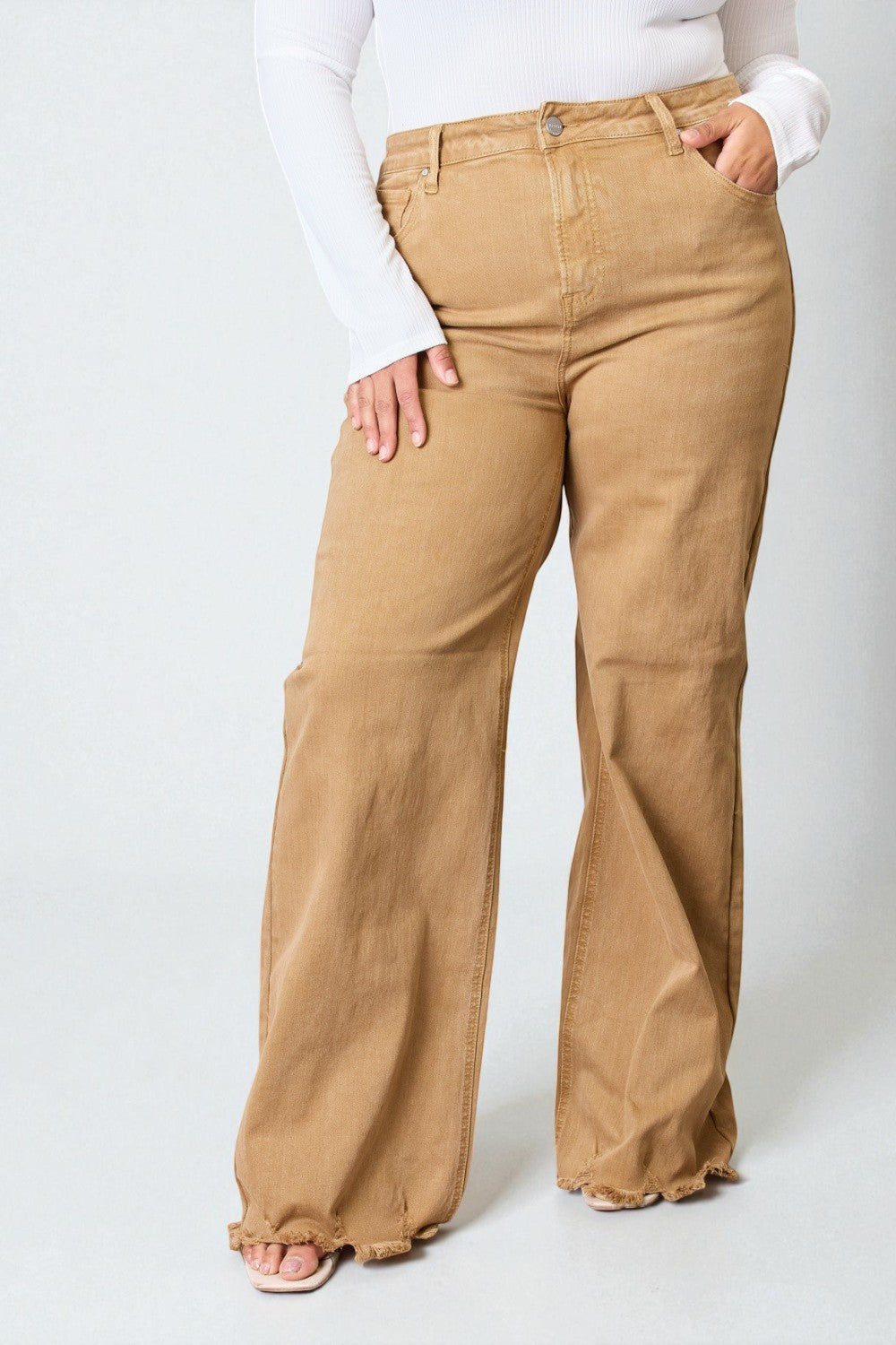 Camel High-Rise Frayed Hem Flare Jeans