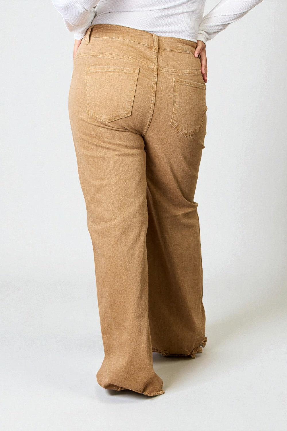 Camel High-Rise Frayed Hem Flare Jeans