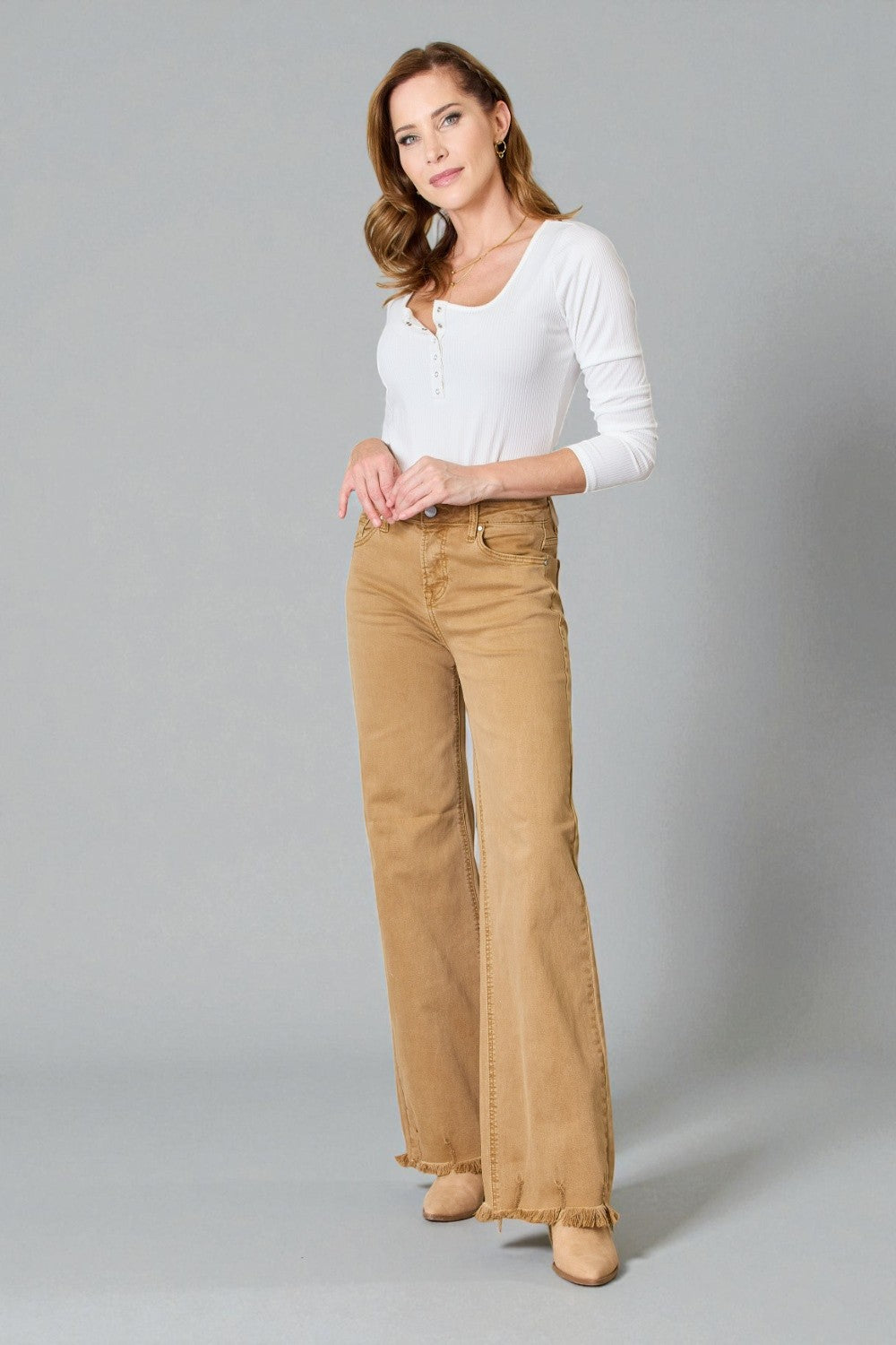 Camel High-Rise Frayed Hem Flare Jeans