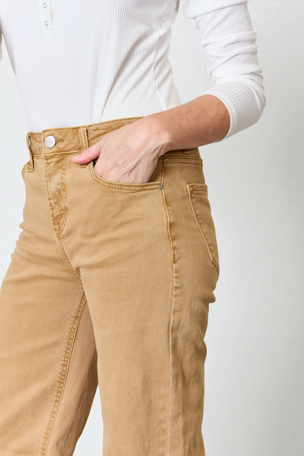 Camel High-Rise Frayed Hem Flare Jeans