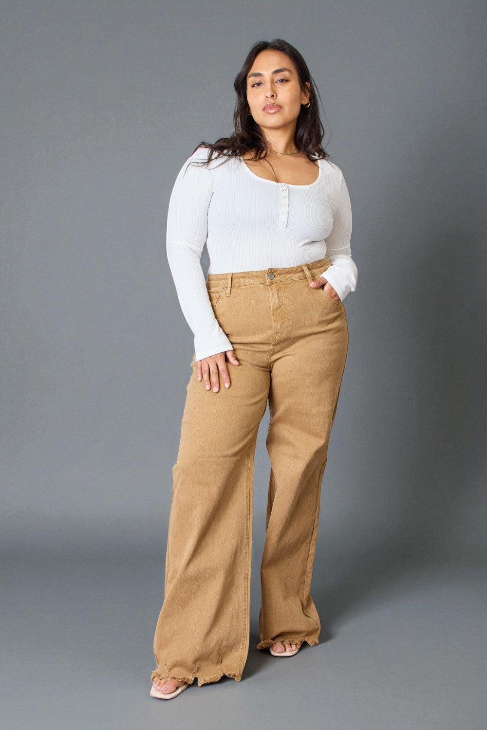 Camel High-Rise Frayed Hem Flare Jeans