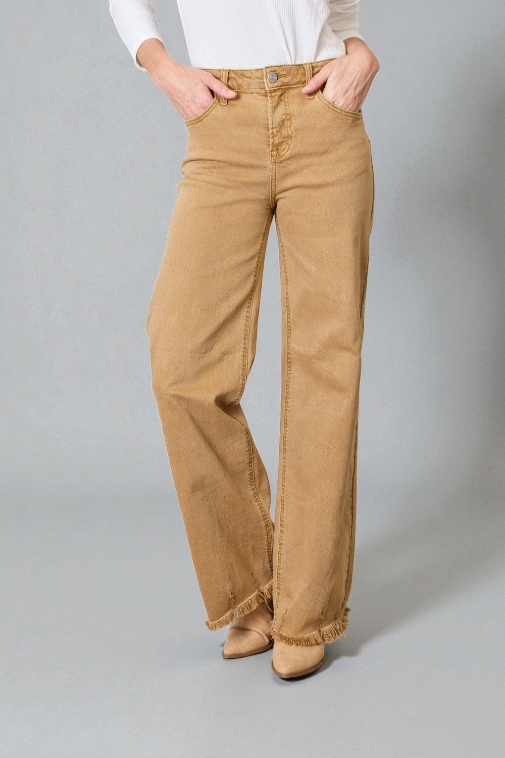 Camel High-Rise Frayed Hem Flare Jeans