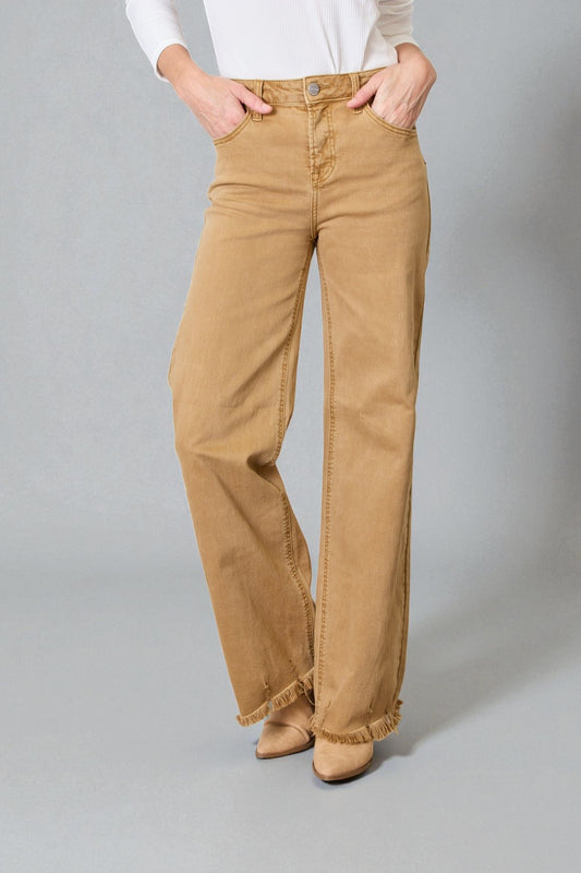 Camel High-Rise Frayed Hem Flare Jeans
