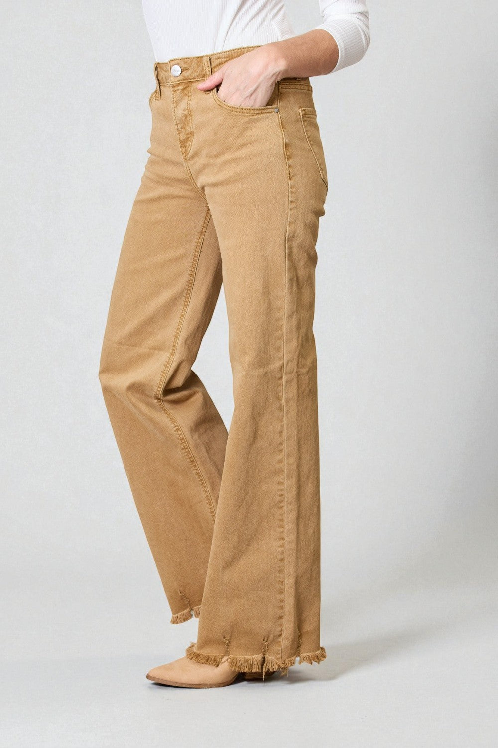 Camel High-Rise Frayed Hem Flare Jeans