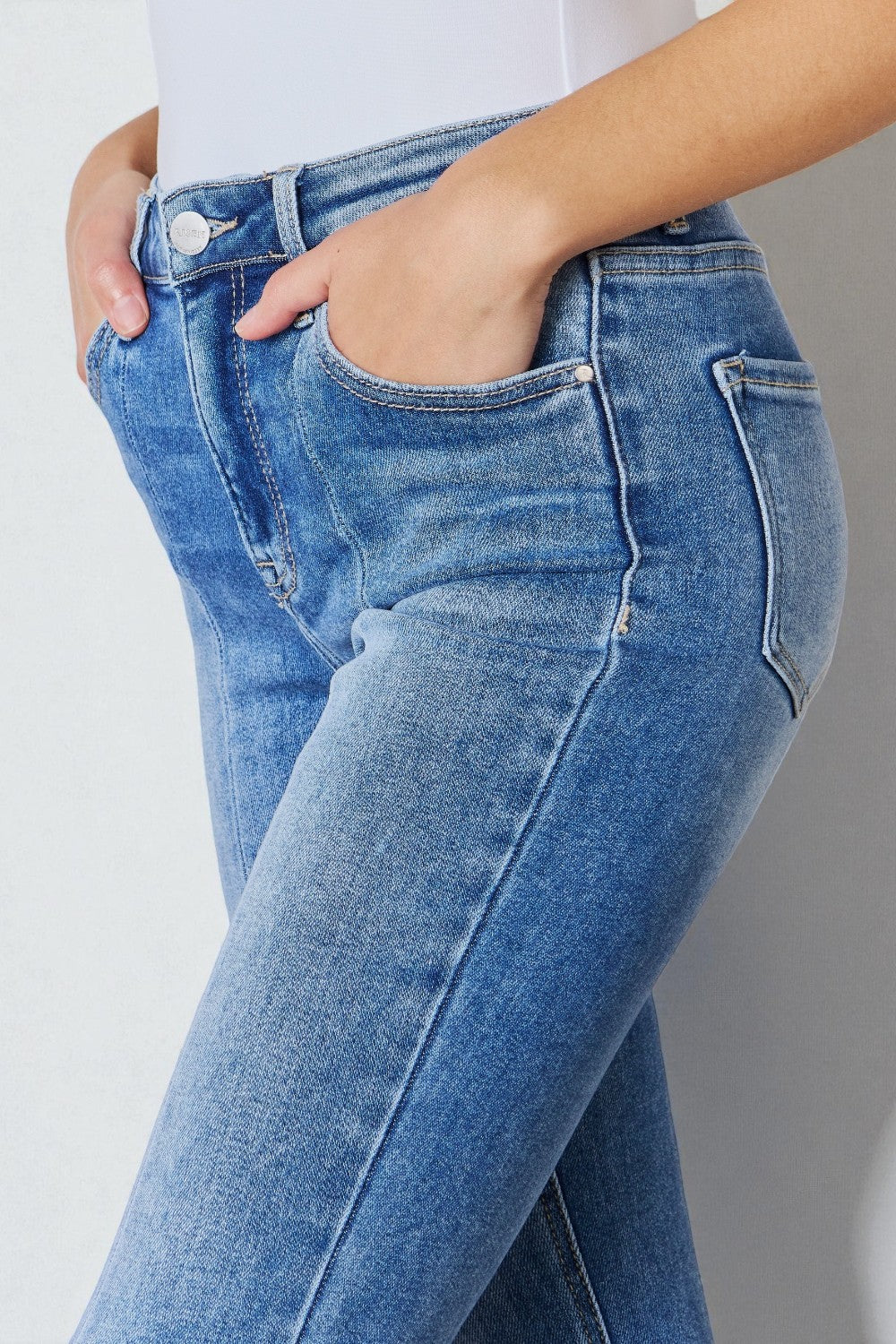 Close-up of blue jeans with a blurred background