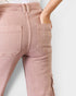 Close-up of pink pants with a plain background
