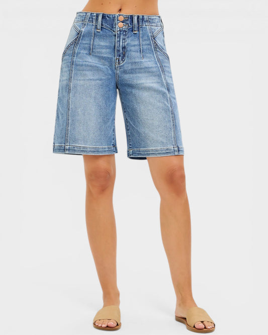 Medium Wash Seam Detail Bermuda Denim Shorts