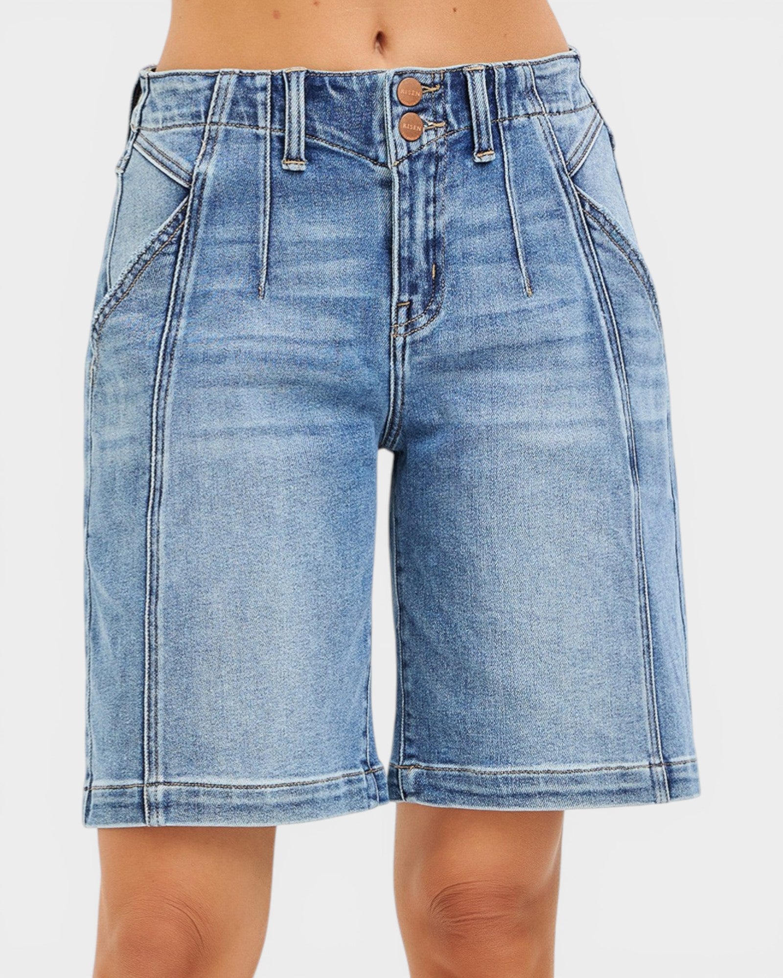 Medium Wash Seam Detail Bermuda Denim Shorts