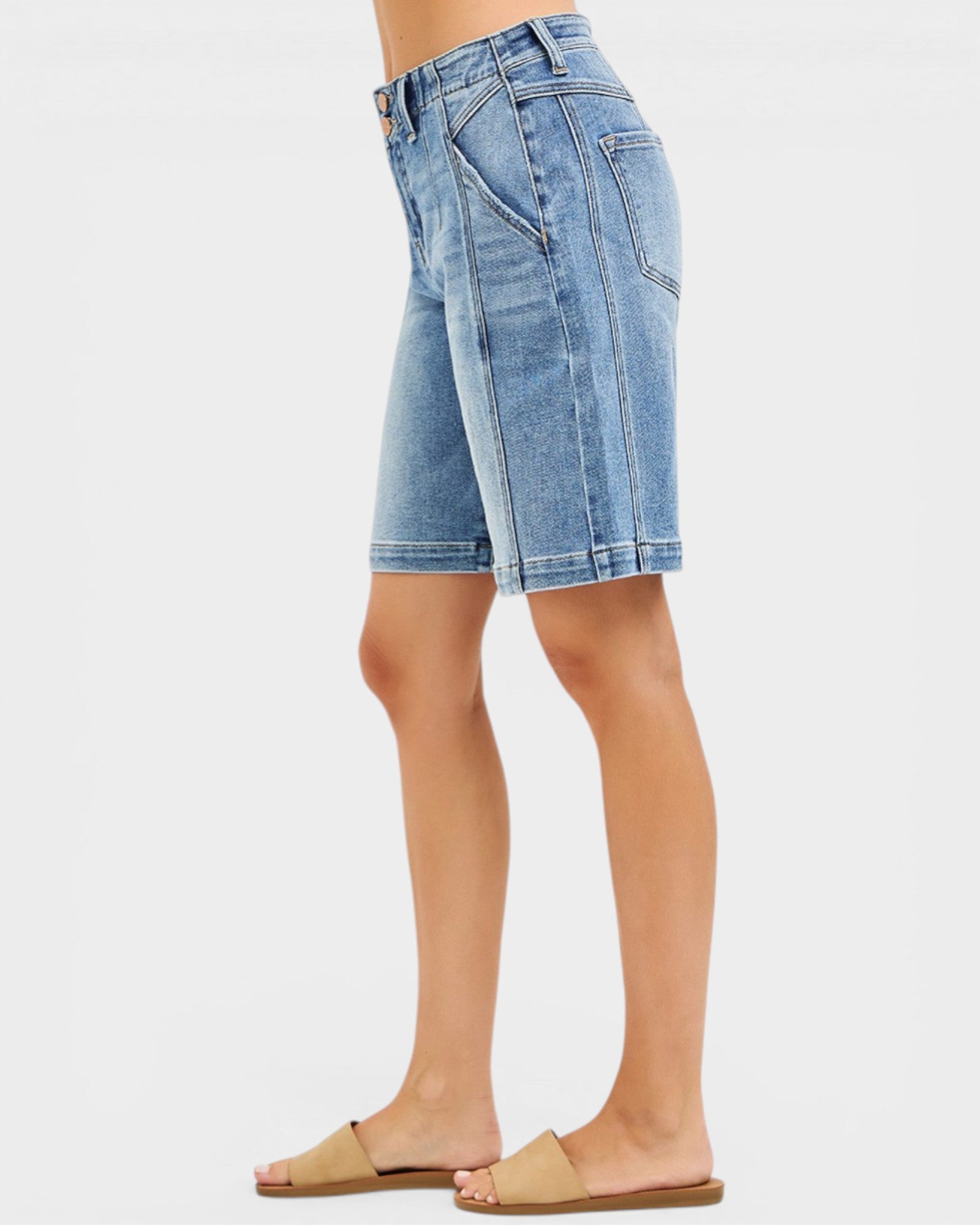 Medium Wash Seam Detail Bermuda Denim Shorts