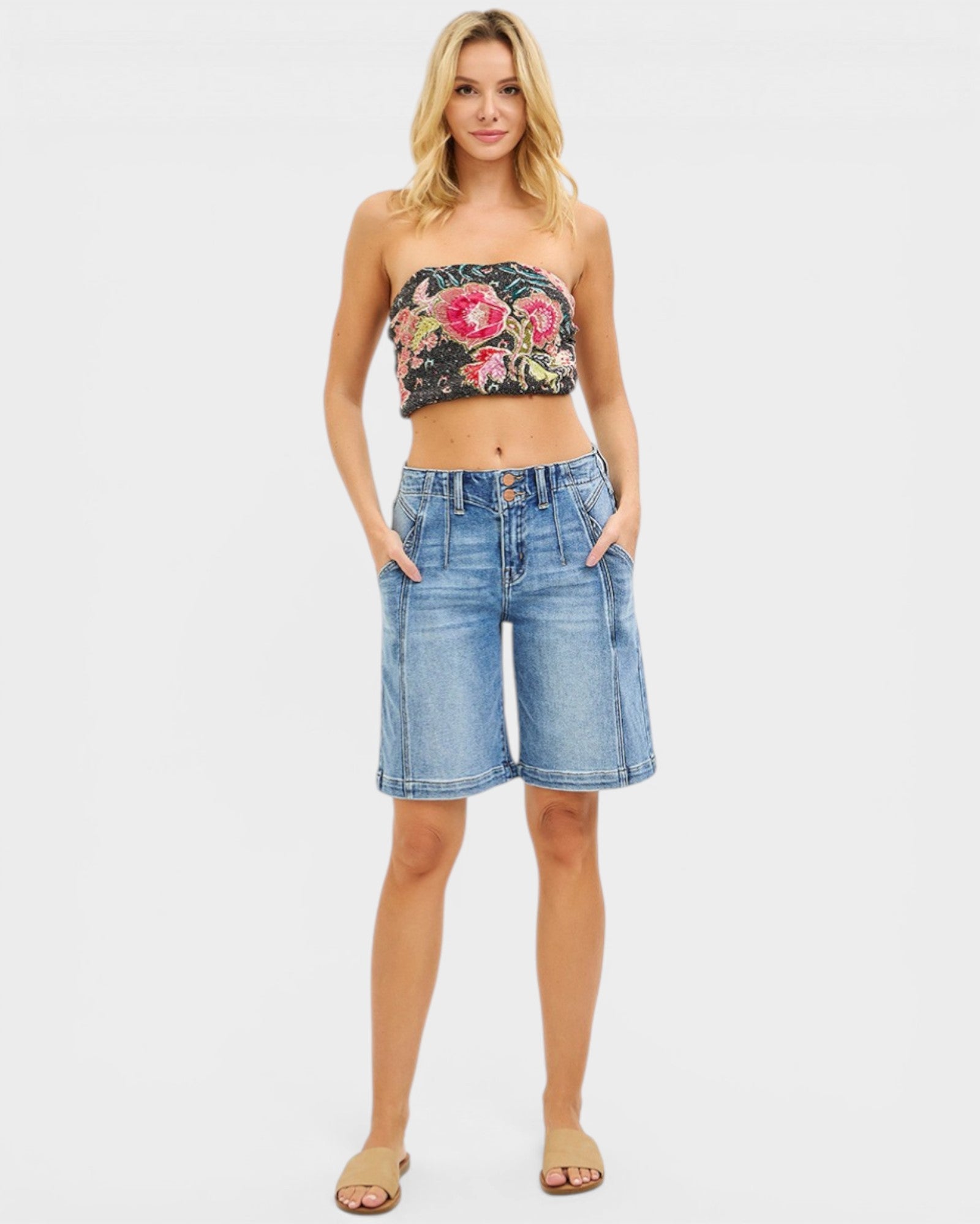 Medium Wash Seam Detail Bermuda Denim Shorts
