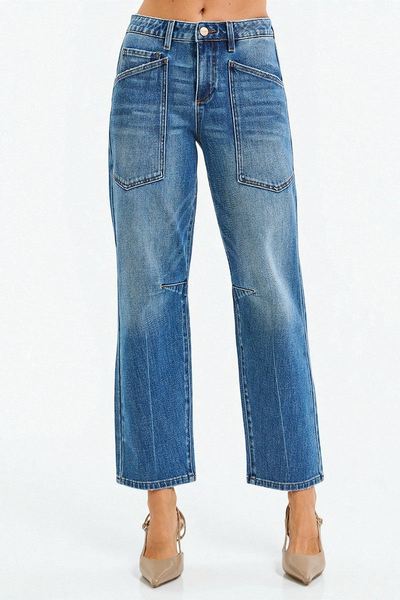 Medium Wash Utility Pocket Straight Jeans