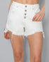 White denim shorts with button details on a gray background