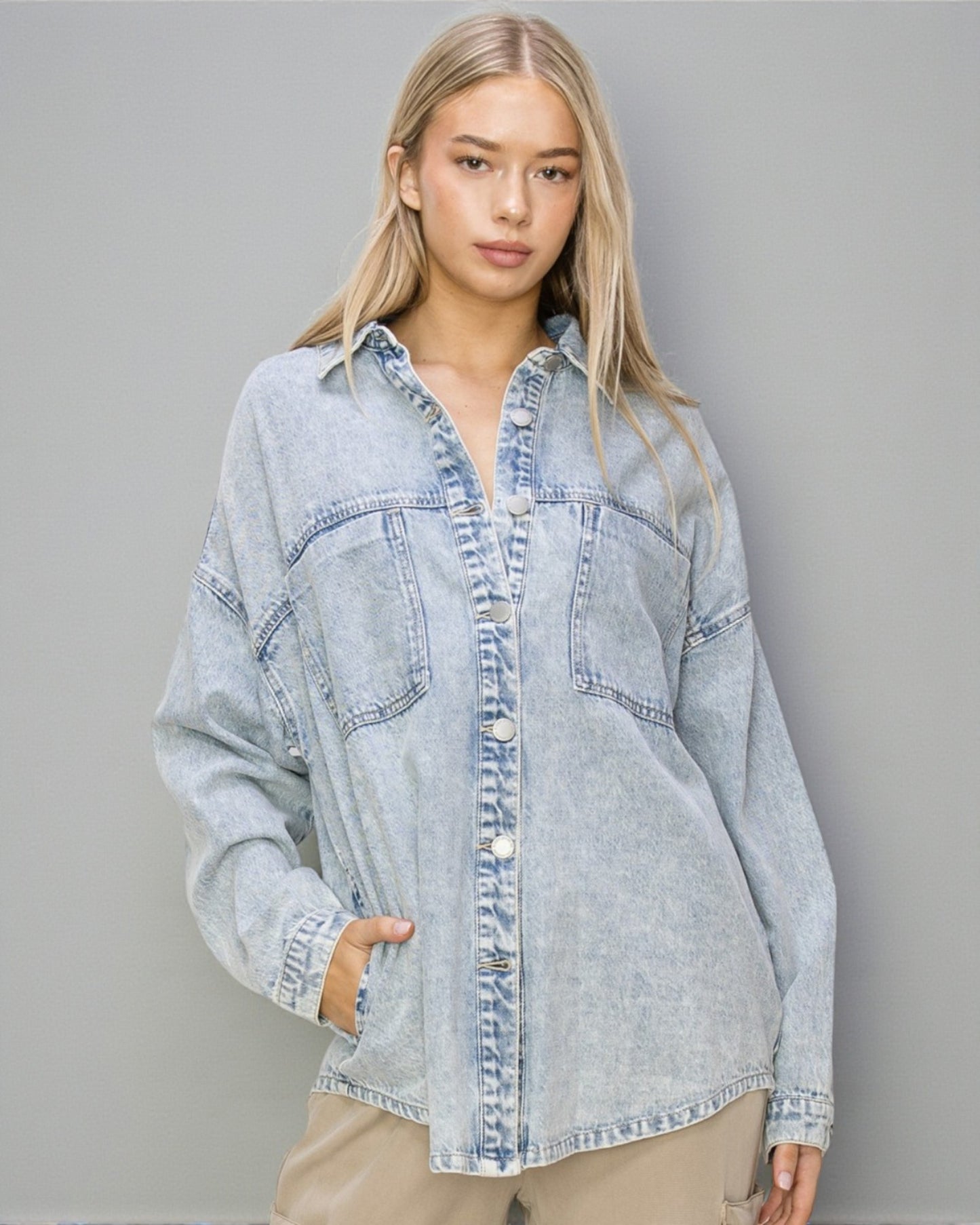 Light Wash Oversized Denim Button-Up Shirt