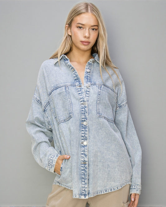 Light Wash Oversized Denim Button-Up Shirt