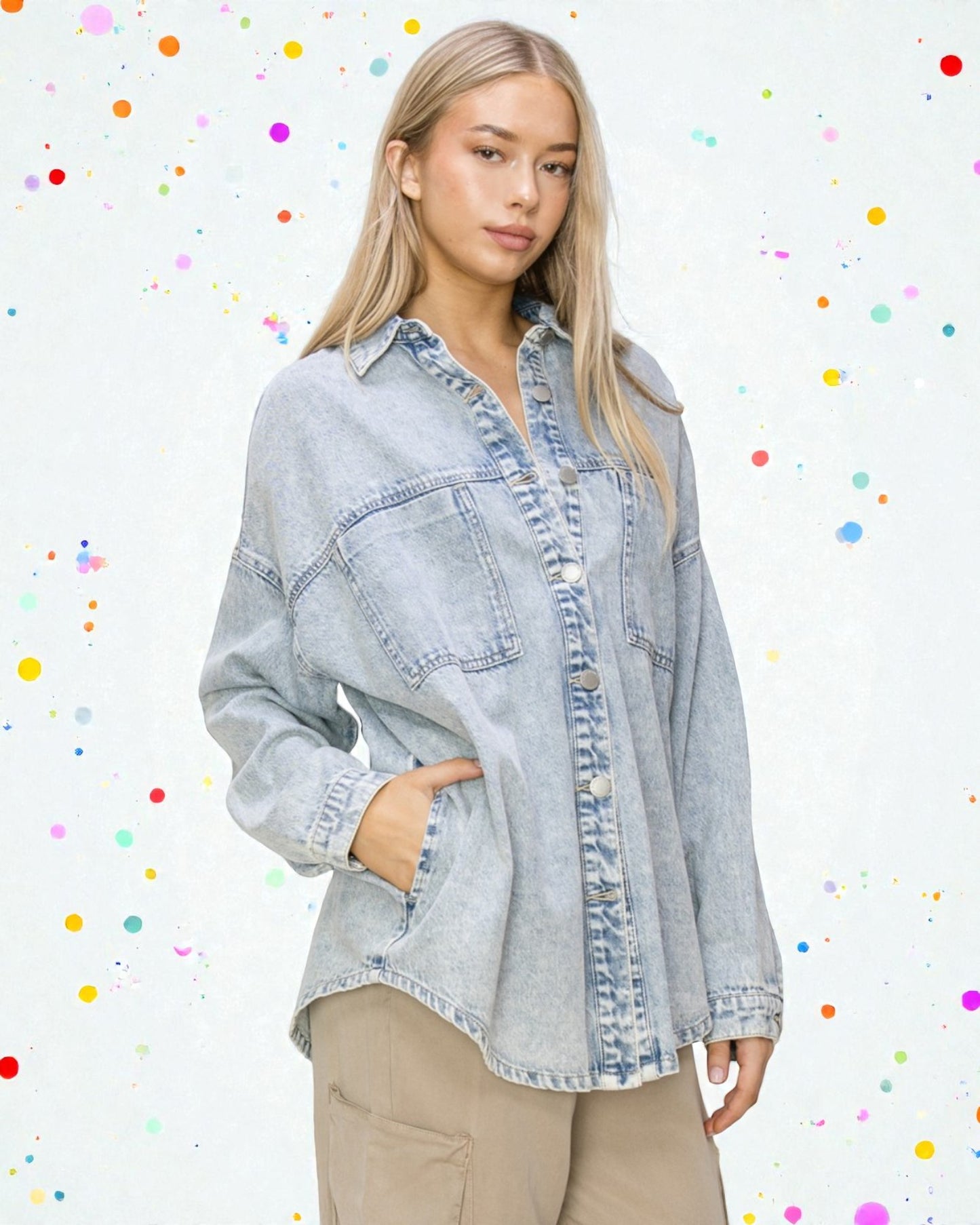 Light Wash Oversized Denim Button-Up Shirt