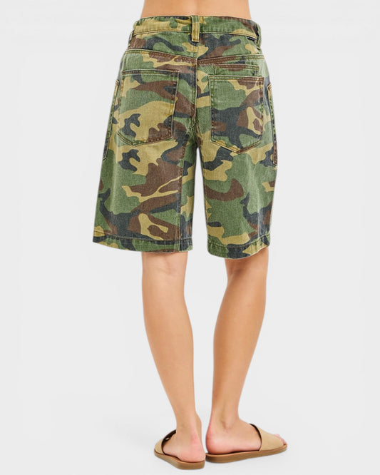 Camouflage shorts worn by a person on a white background