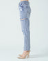 Light blue distressed jeans on a white background