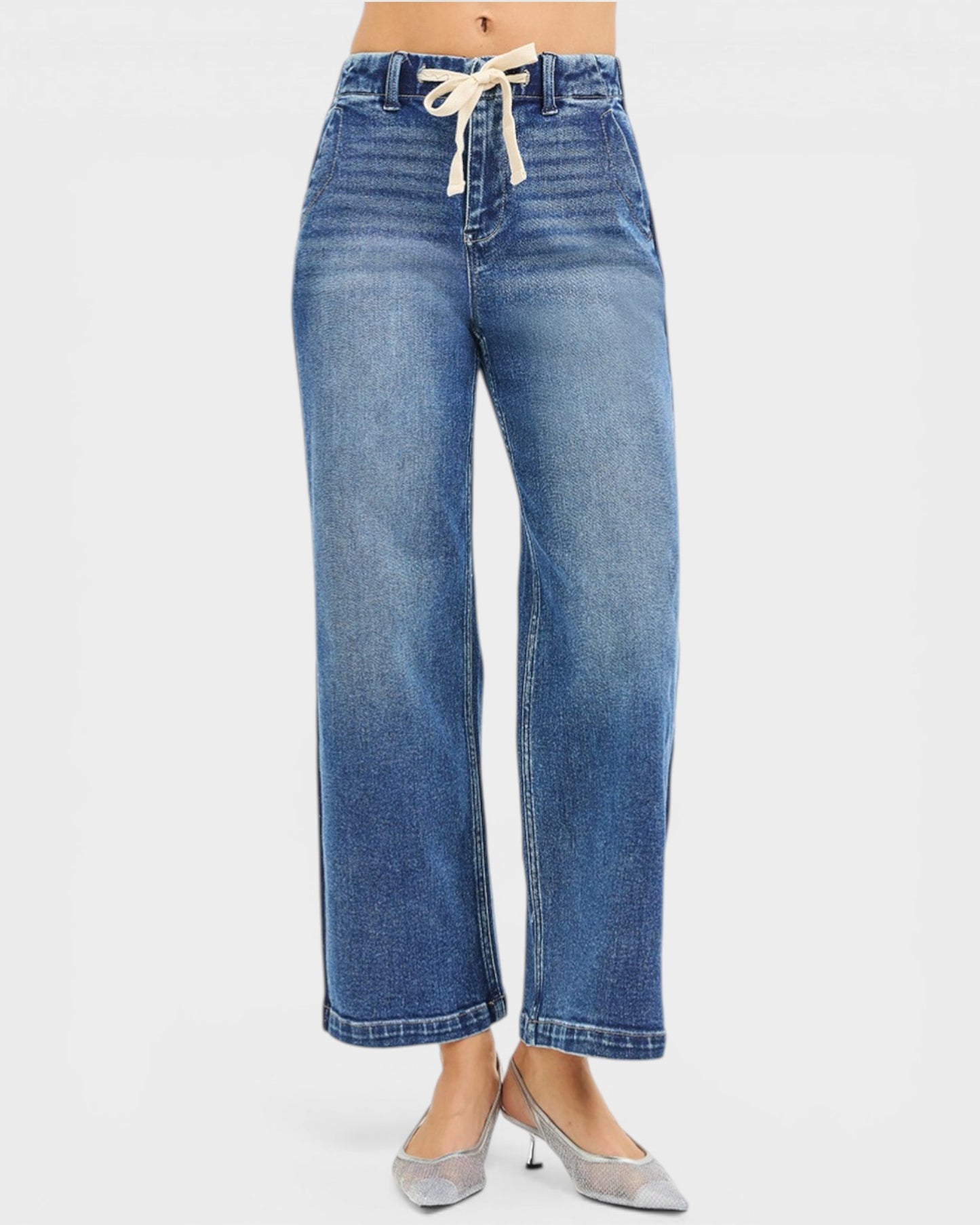 Medium Wash Drawstring Wide Leg Jeans