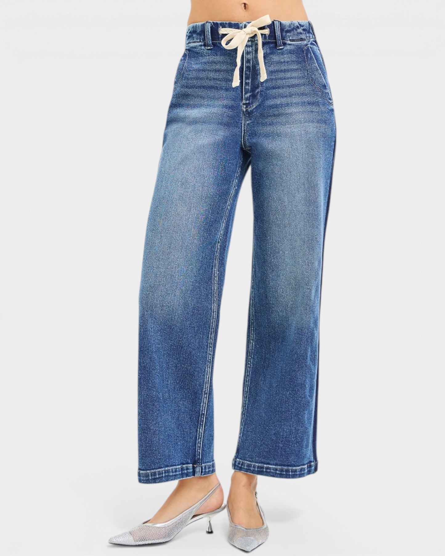 Medium Wash Drawstring Wide Leg Jeans