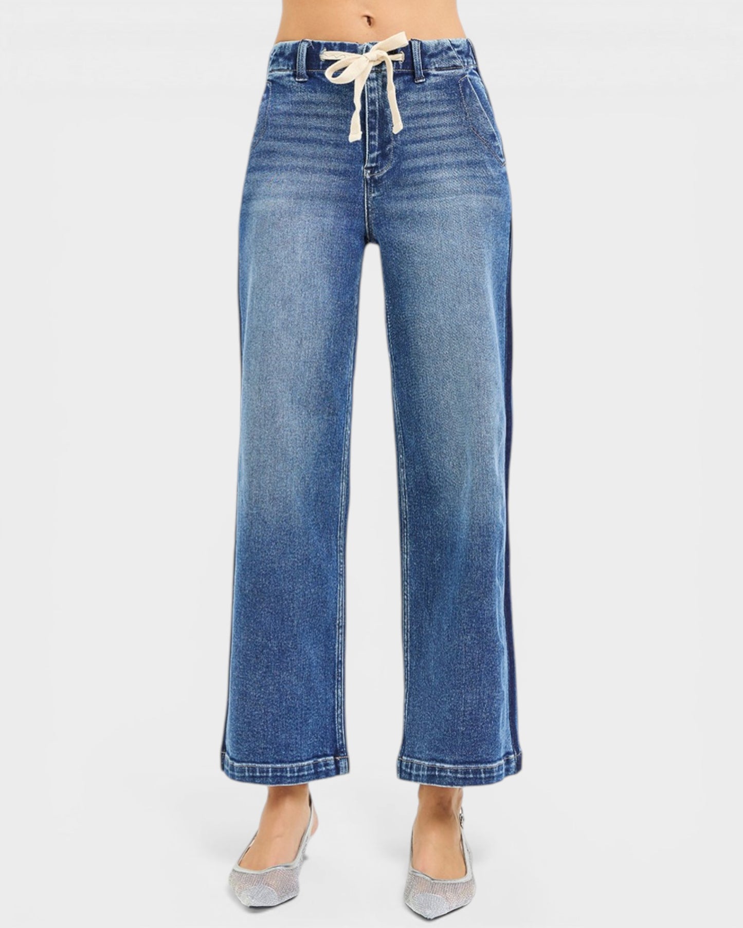 Medium Wash Drawstring Wide Leg Jeans