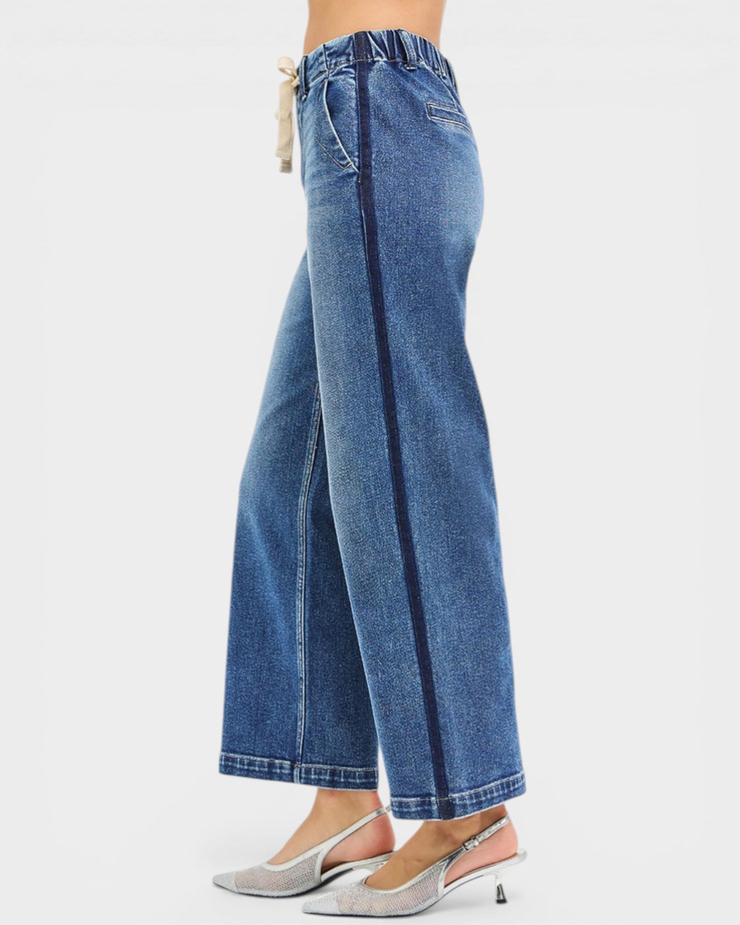Medium Wash Drawstring Wide Leg Jeans