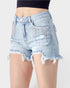 Light blue denim shorts with frayed edges worn by a person on a white background