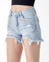 Light blue denim shorts with frayed edges on a white background