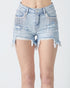 Light blue denim shorts with frayed edges on a white background
