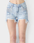 Light blue denim shorts with frayed edges on a white background