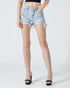 Person wearing light blue denim shorts on a white background