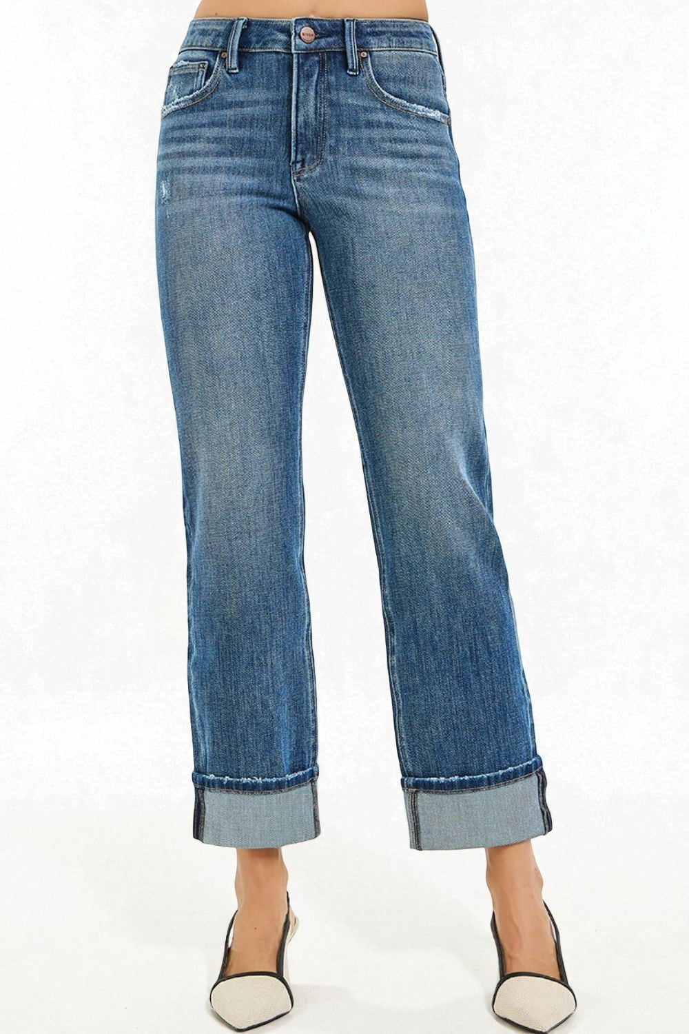 Medium Wash Cuffed Straight Leg Jeans