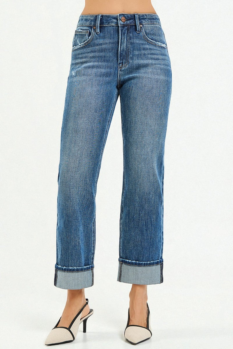 Medium Wash Cuffed Straight Leg Jeans