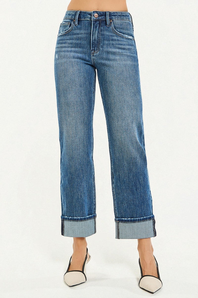 Medium Wash Cuffed Straight Leg Jeans