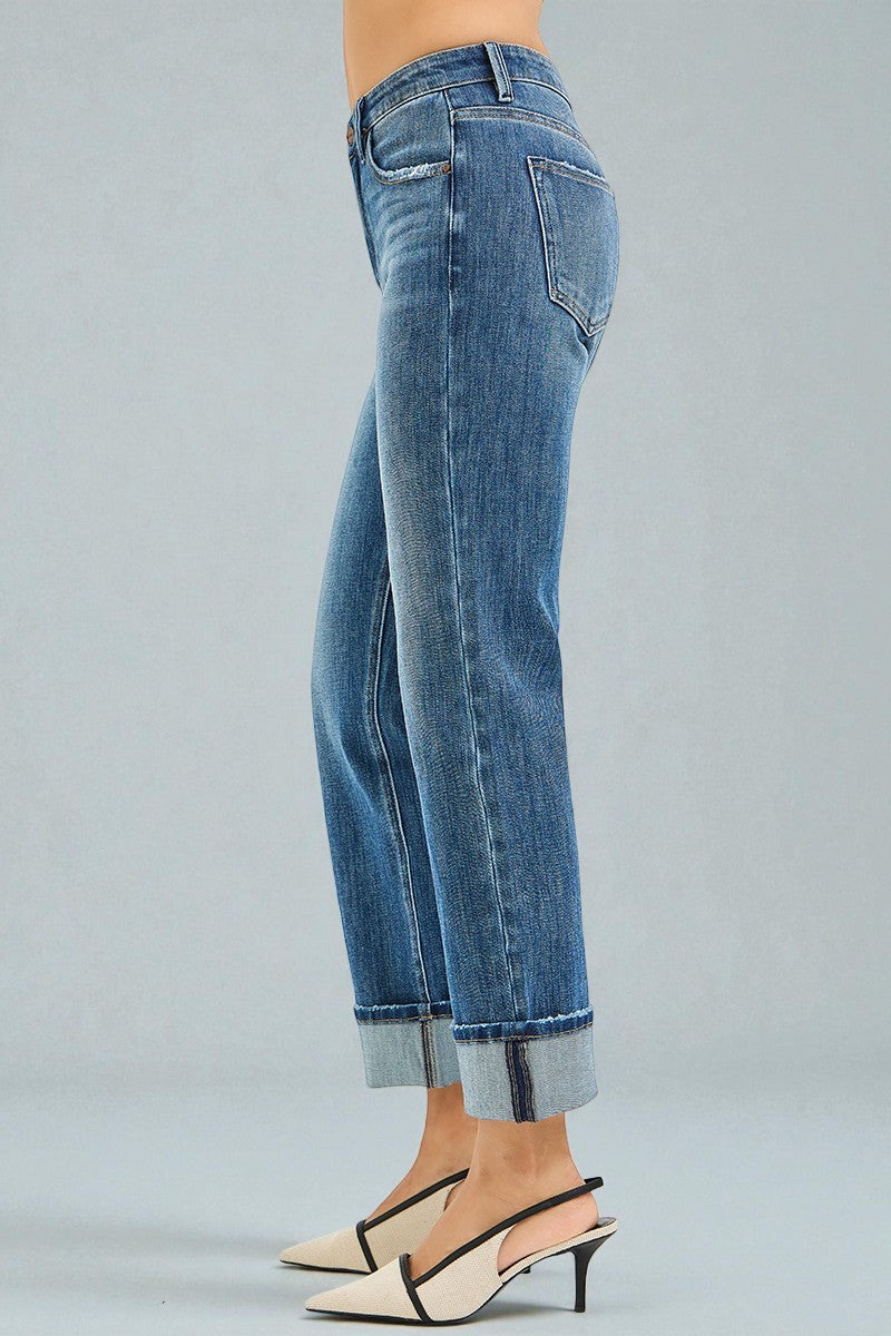 Medium Wash Cuffed Straight Leg Jeans
