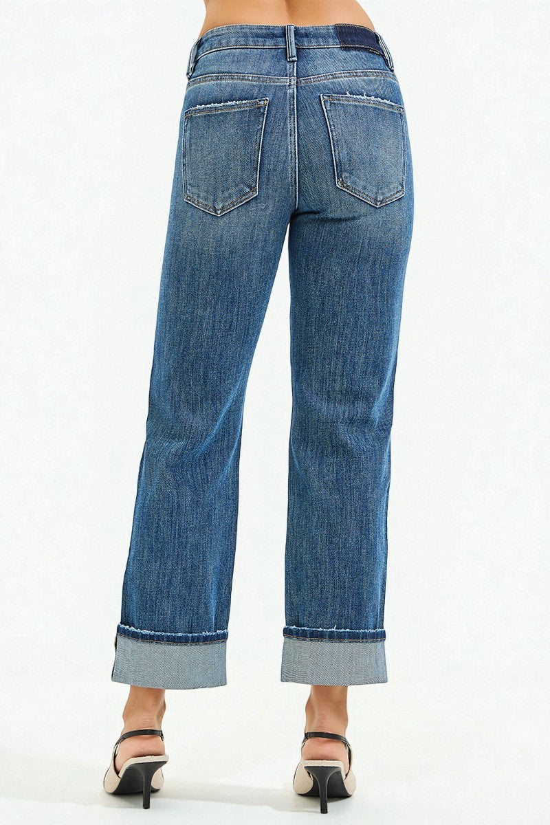 Medium Wash Cuffed Straight Leg Jeans