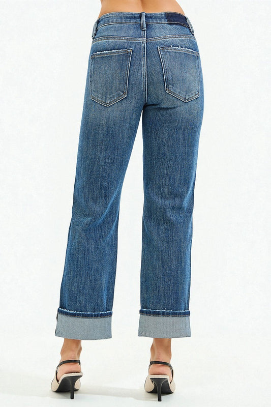 Medium Wash Cuffed Straight Leg Jeans