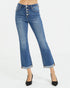 Blue jeans with a button fly on a white background