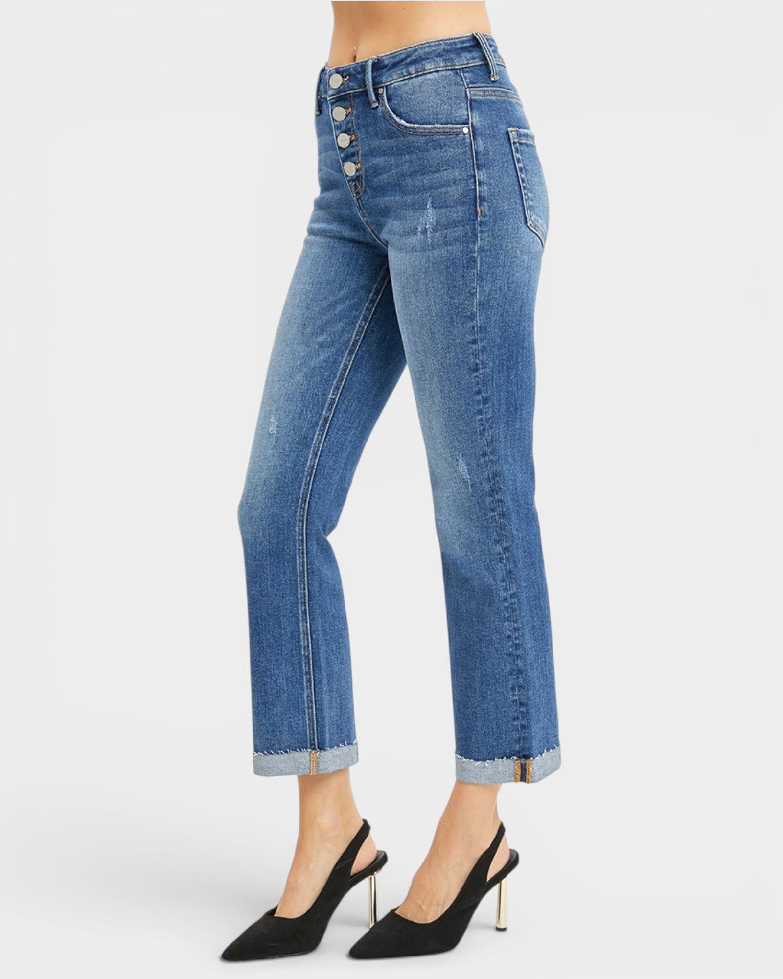 Vaqueros bootcut recortados con bragueta de botones y lavado oscuro
