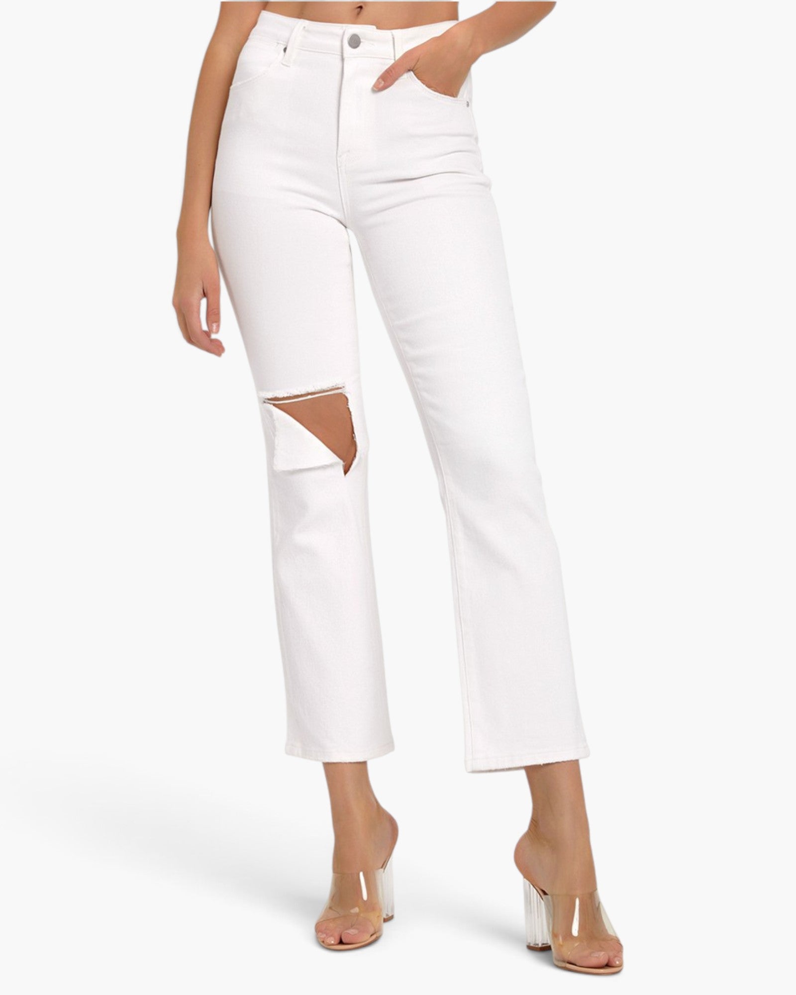 White Distressed Straight-Leg Jeans