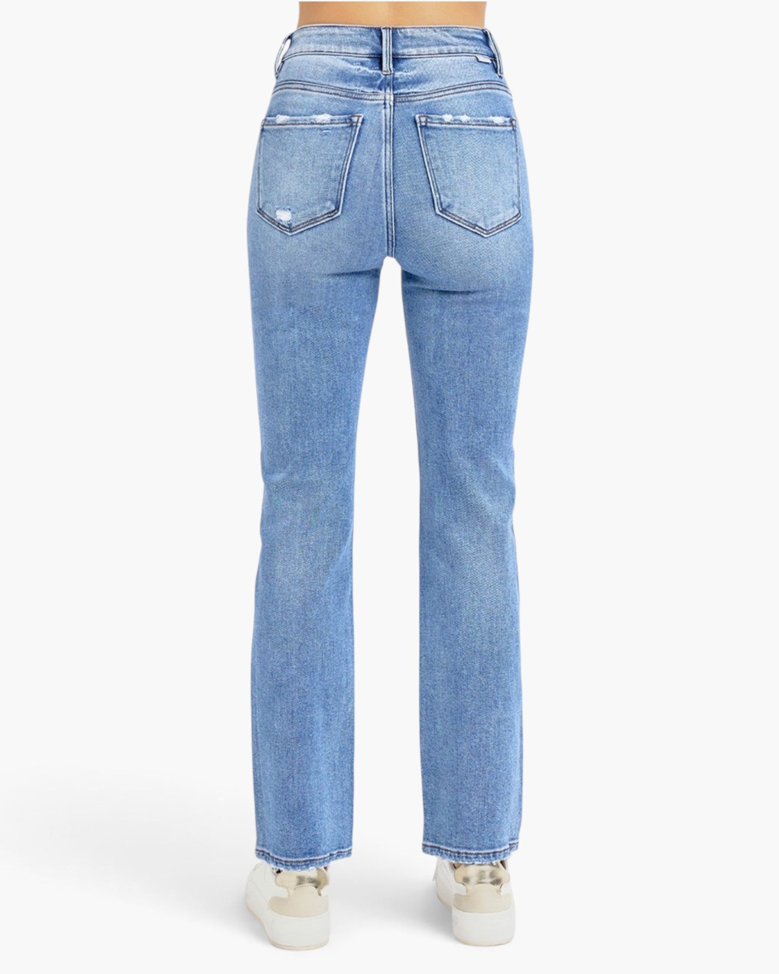 Light blue high-waisted straight-leg jeans shown from the back on a model, featuring a faded wash and classic five-pocket design.
